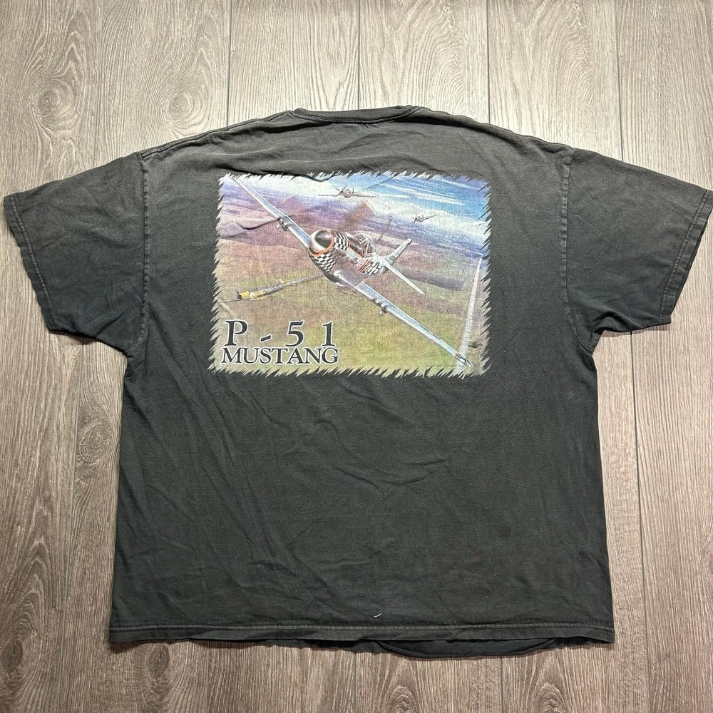 Vintage P-51 Mustang Fighter Plane Graphic T-Shirt Faded Black XL WWII Aviation